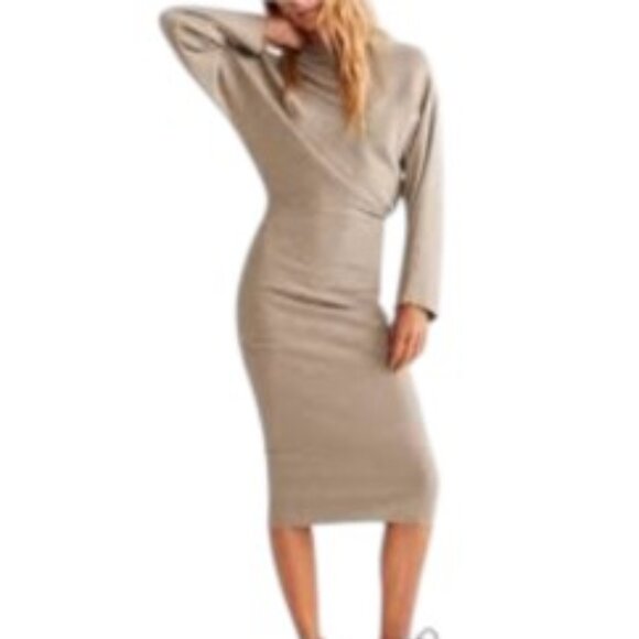 NWT MNG Dolman Sleeve Midi Sweater Dress in Tan Small - Picture 1 of 6